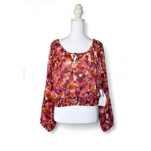 1.STATE Floral Long Sleeve Smocked Hem Blouse NWT Size M